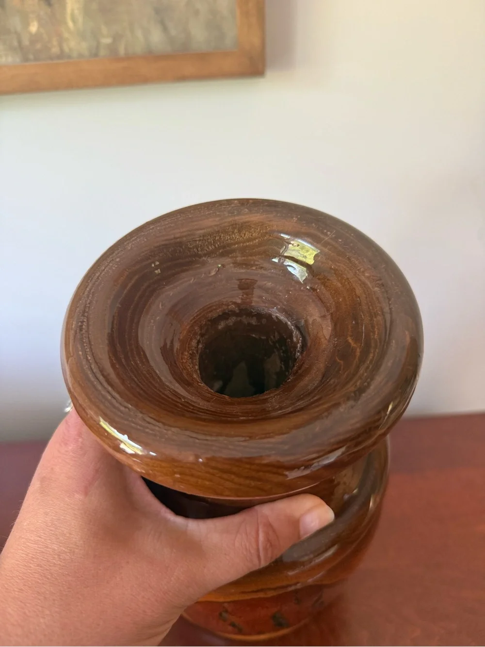 Vintage hand turned knotty wood vase with resin
